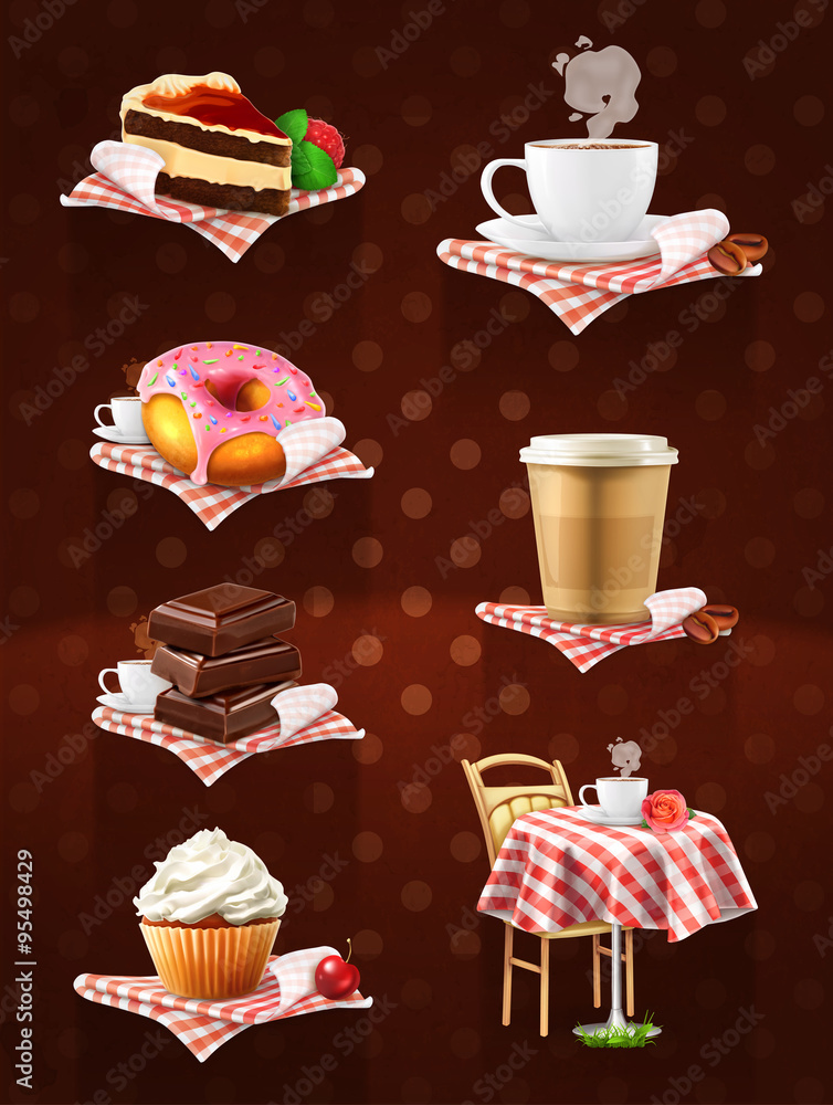 街头咖啡馆，巧克力，纸杯蛋糕，蛋糕，一杯咖啡，甜甜圈，矢量图标设置在深色背景上