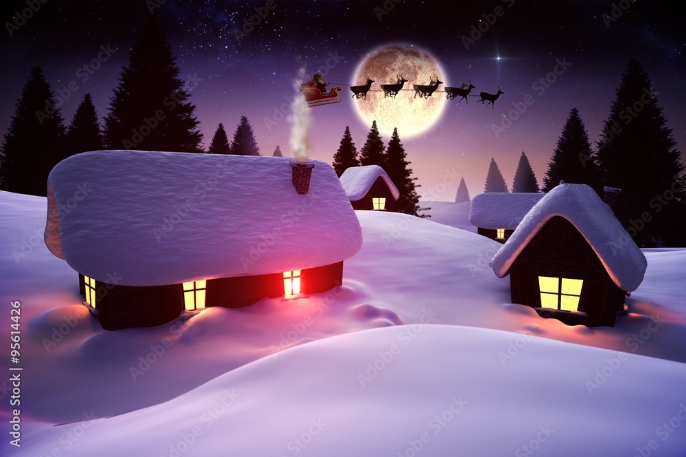 Santa flying over village at night