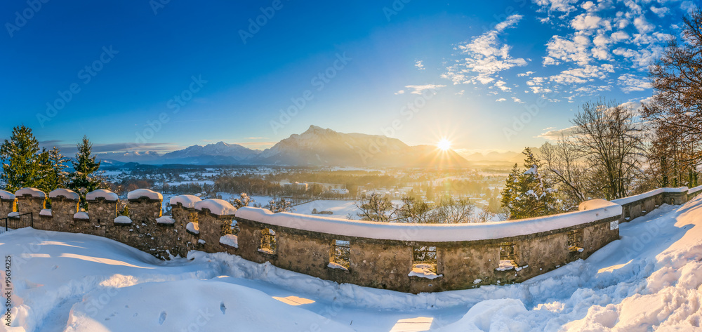 Salzburg winter panorama at sunset, Austria