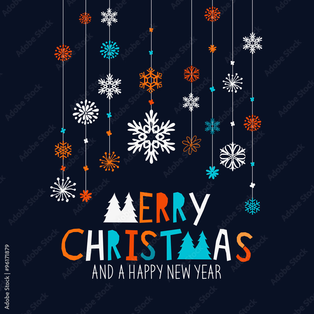 Merry Christmas Decorations. Hanging snowflake decorations and merry christmas sign. Vector illustra