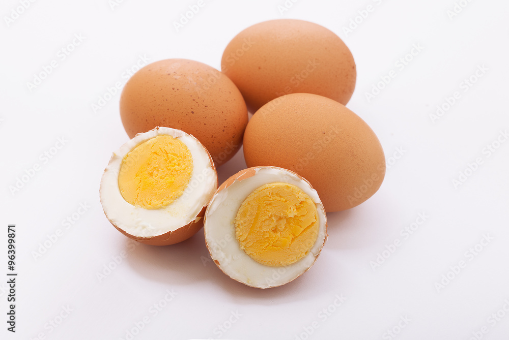 Shell boiled egg on white background