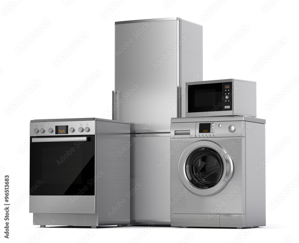 白色隔离的家用电器、冰箱、洗衣机、电炉和微波炉