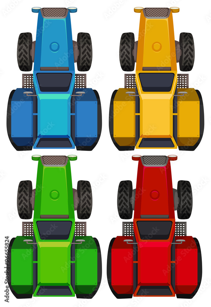 四种颜色拖拉机的俯视图