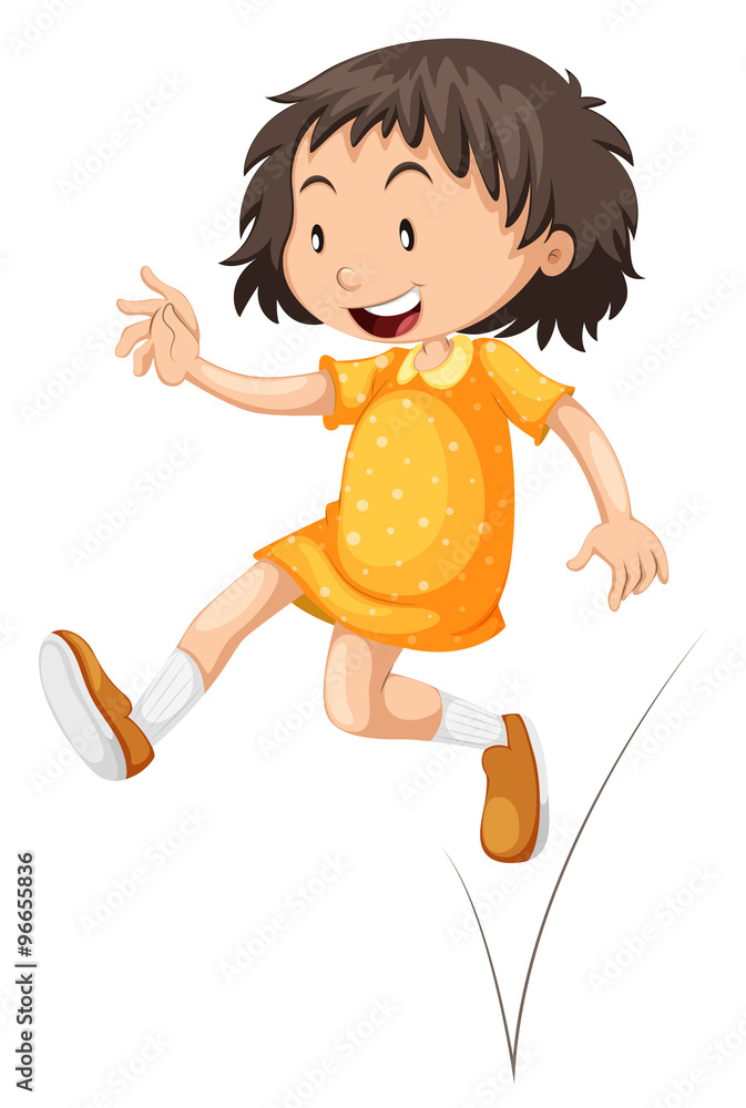 Little girl in yellow skirt jumping