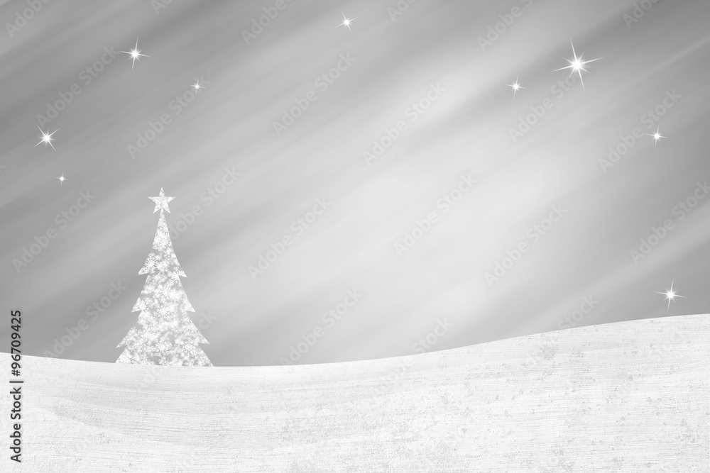 Lovely winter landscape on silver blurred mountain layer background with snowflake Christmas tree an