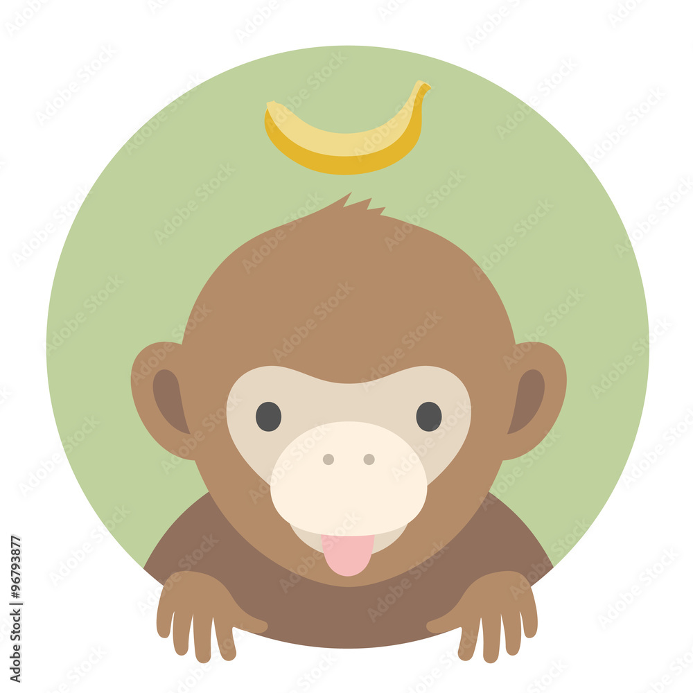 Animal set. Portrait in flat graphics - Monkey with banana. Vector illustration.