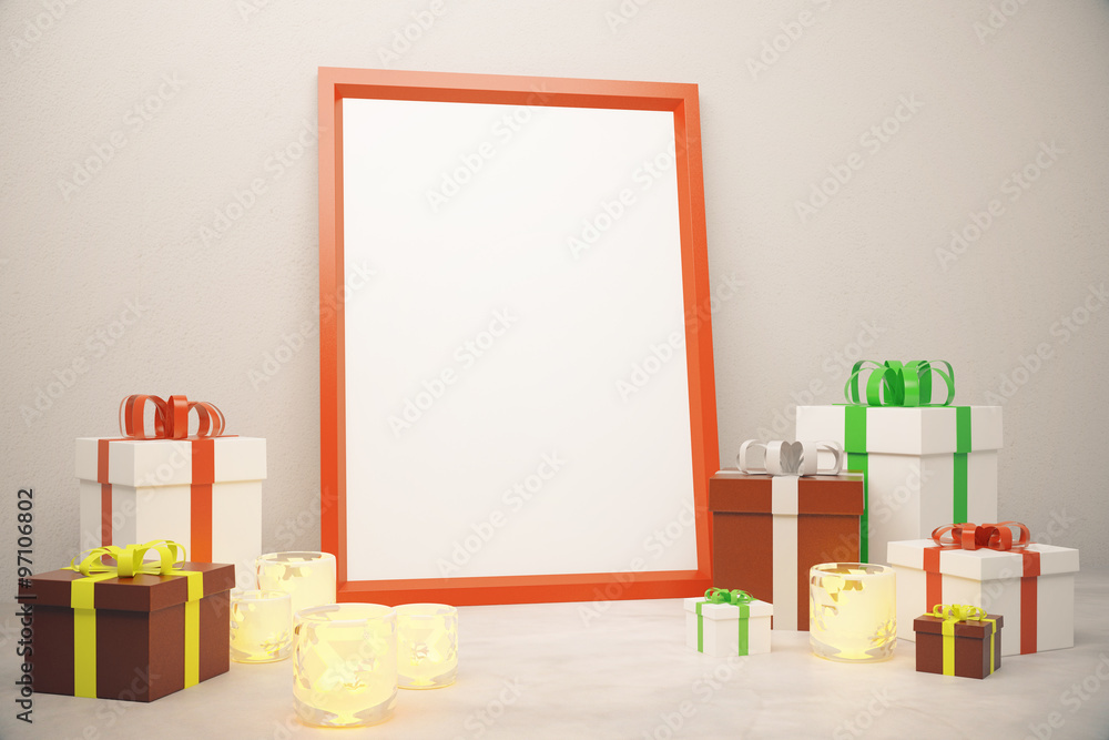 Blank picture frame with gift boxes on white floor, mock up