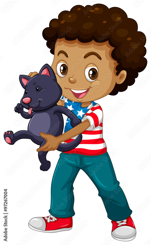 非洲裔美国男孩和他的宠物猫