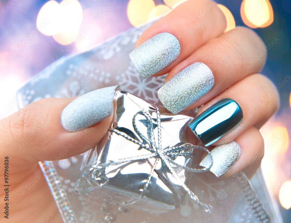 Christmas nail art manicure. Winter holiday style bright manicure design