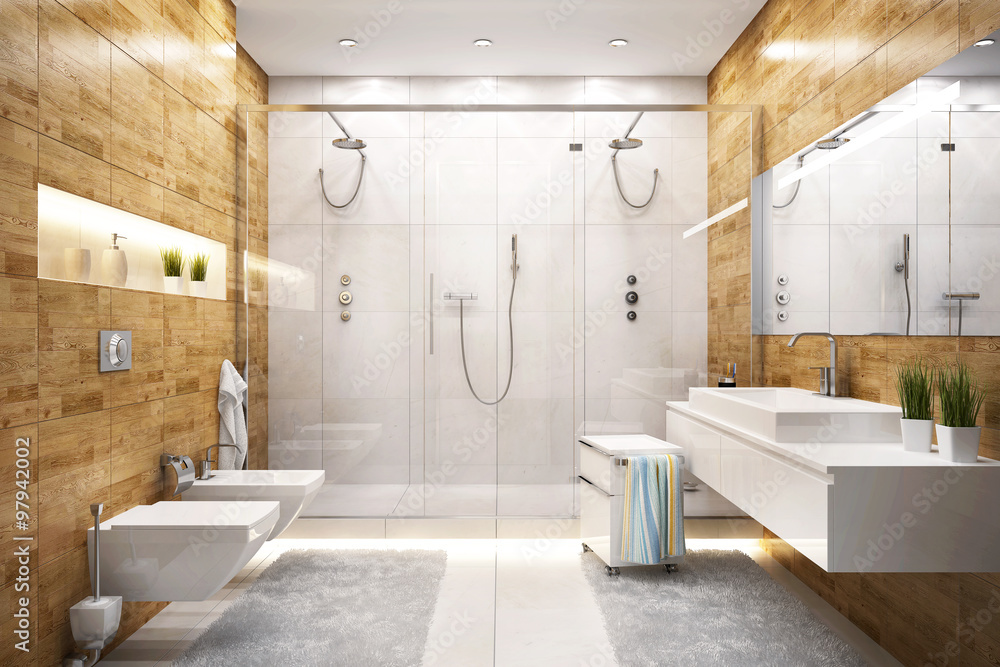 现代浴室的大型淋浴间