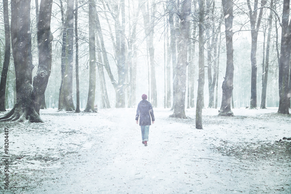 下雪天，孤独的女人在公园里和树一起散步。公园里下雪了，孤独的散步女人