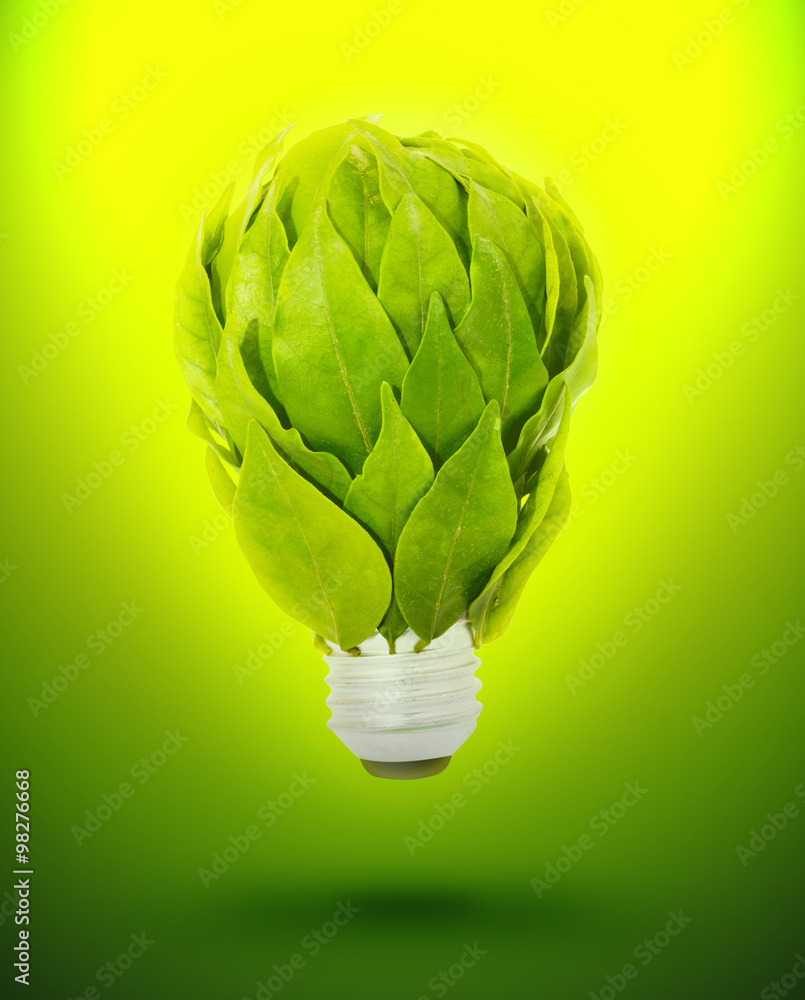 Eco green light bulb with Green leaf. Energy natural concept.