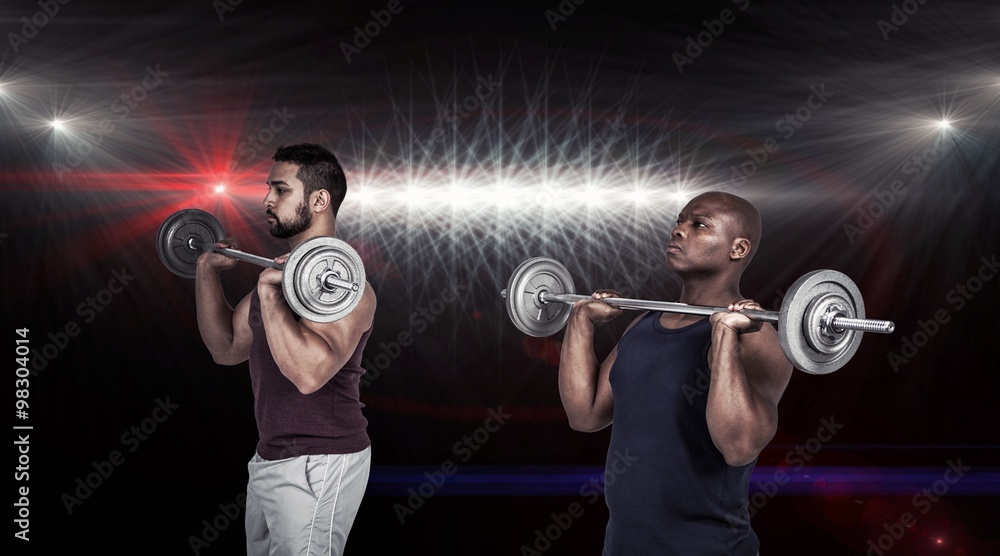 两名肌肉发达的男子举起杠铃的合成图像