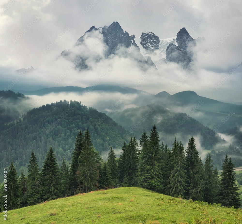 Mountains during rain. Beautiful natural landscape in the summer time