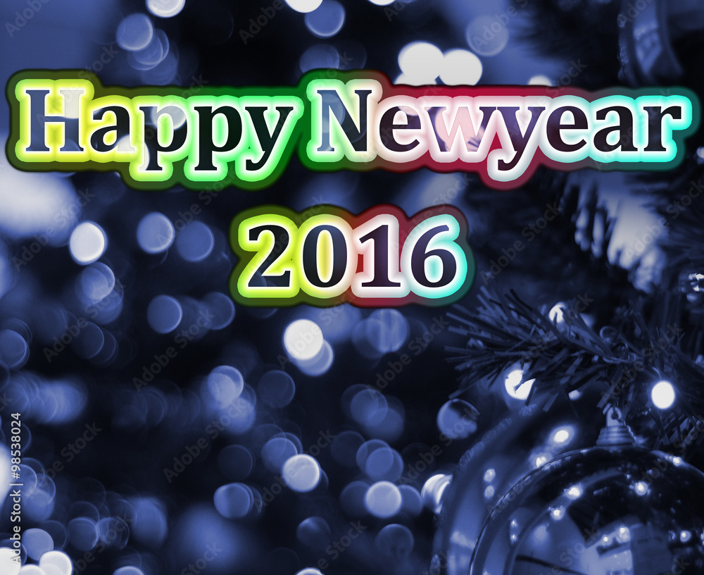 2016新年快乐，背景是圣诞树，书写霓虹灯