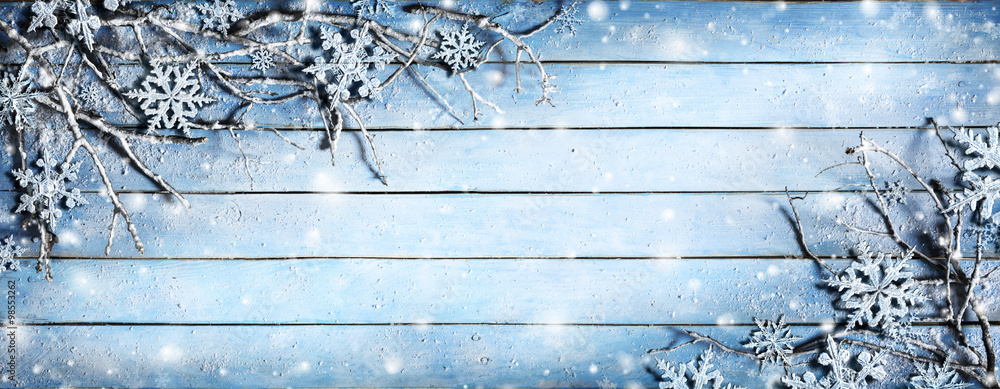 Winter Background - Snowy Branches On Plank With Snowflakes
