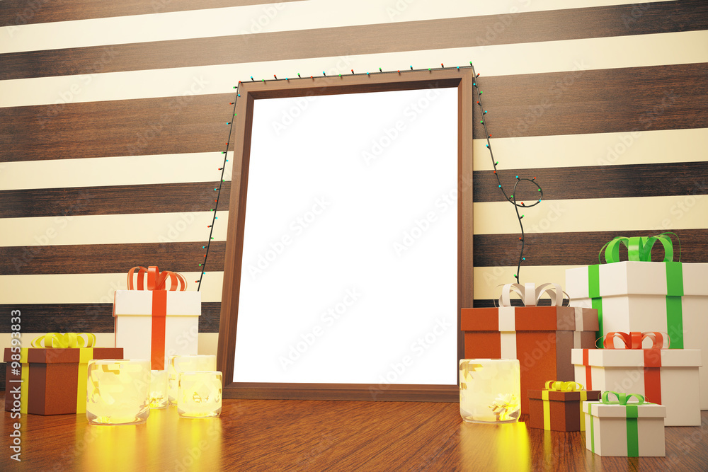空白白色相框，上面有礼品盒和烛台