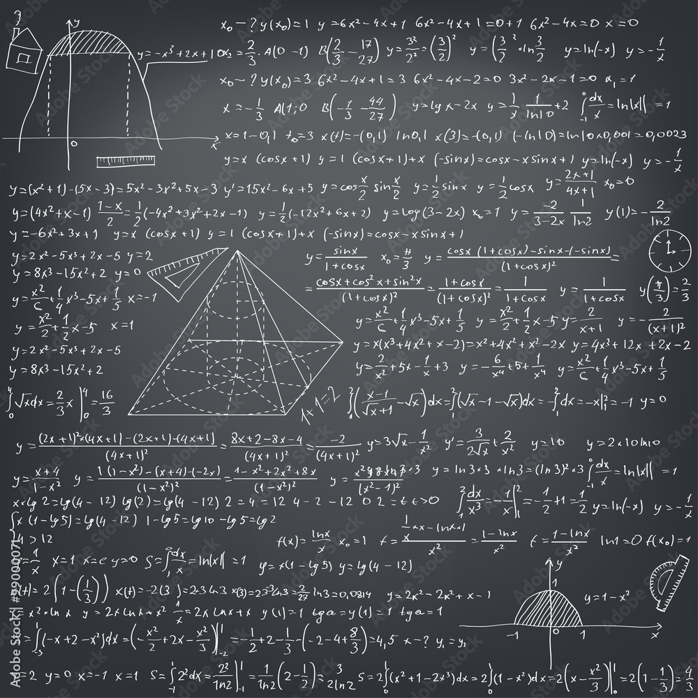 Mathematical formulas on a black school board