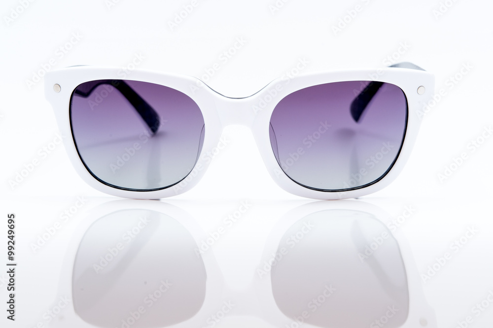 purple sunglasses with white picture frame isolated on white background
