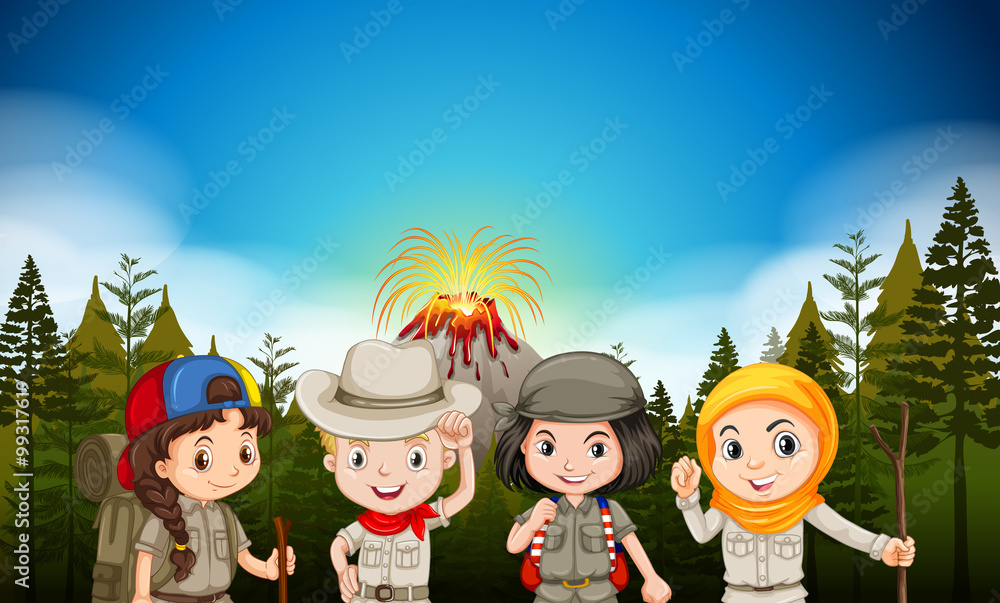 Children in hiking outfit by the volcano