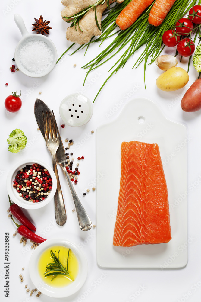  fresh salmon fillet with aromatic herbs, spices and vegetables