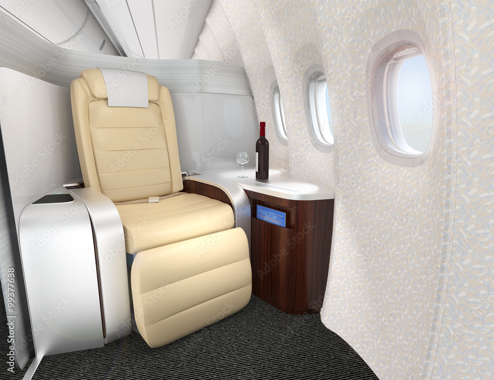 Close-up of luxurious business class seat with metallic silver partition. 3D rendering image in orig
