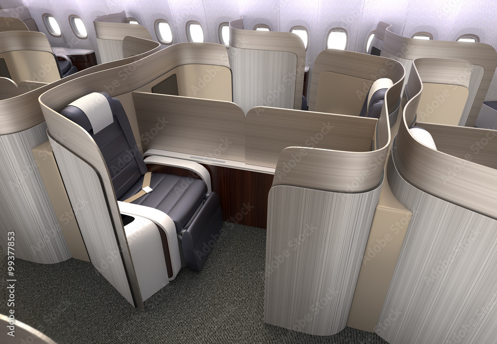 Luxurious business class cabin interior with metallic gold partition.  3D rendering image in origina