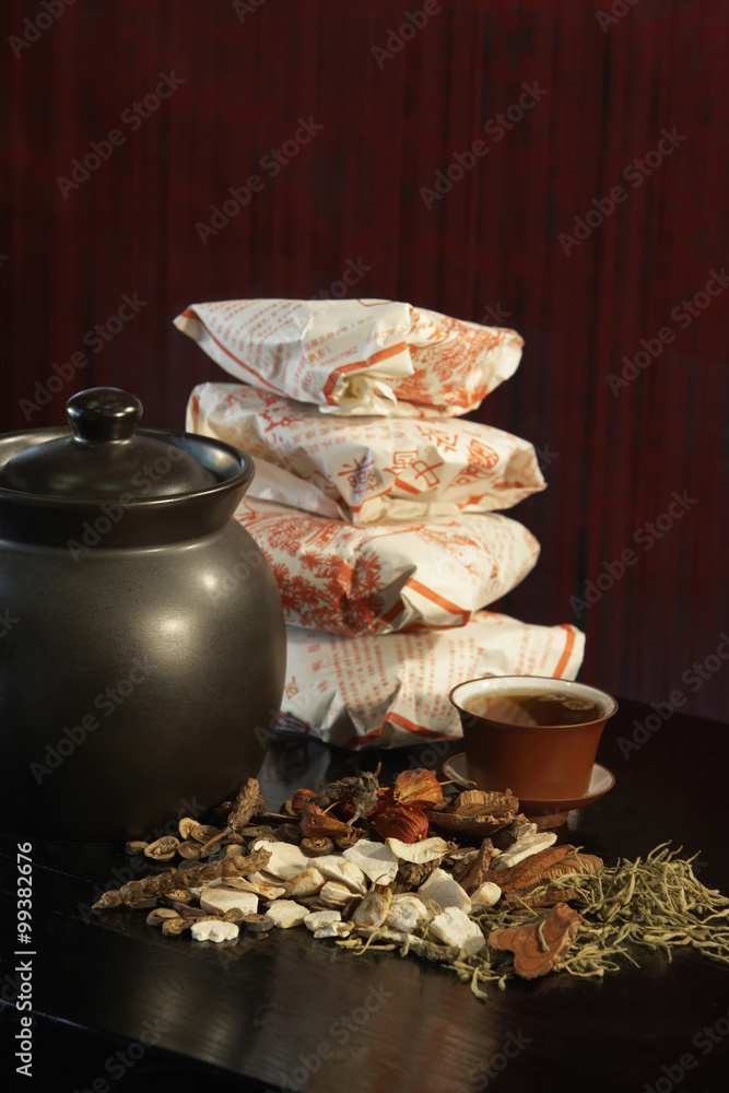 Teapot, Tea Leaves And Wrapped Packages