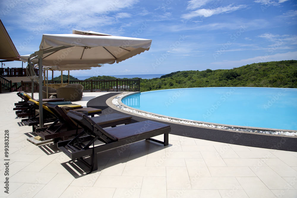 Swimming pool, lounge chairs and umbrellas