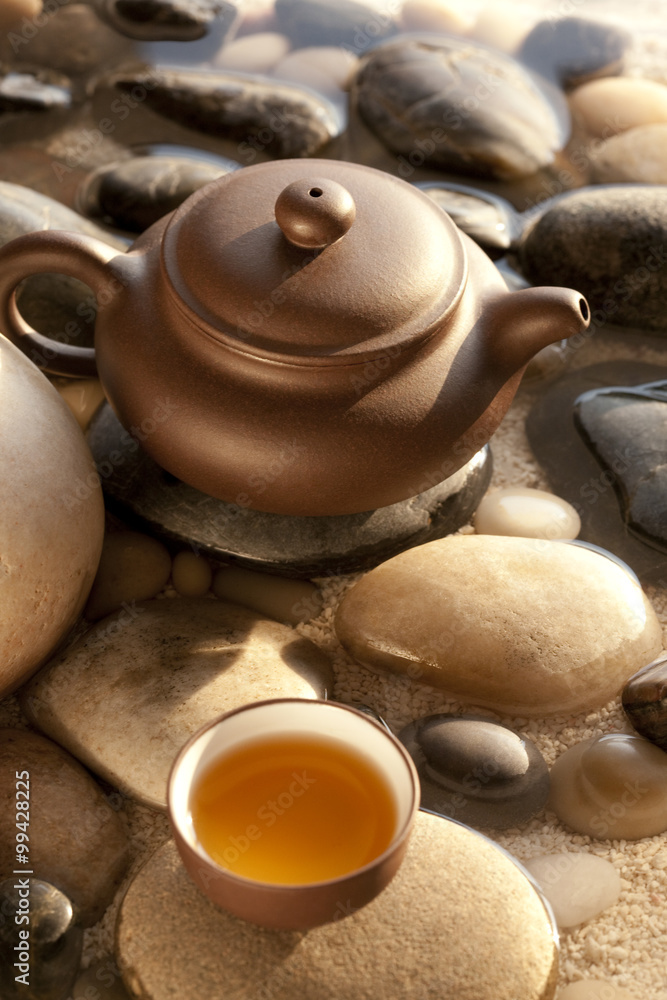 Tea set and pebbles