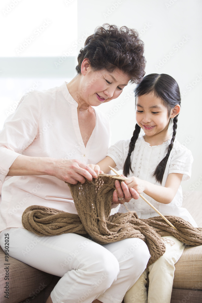 快乐的祖母和孙女在客厅编织