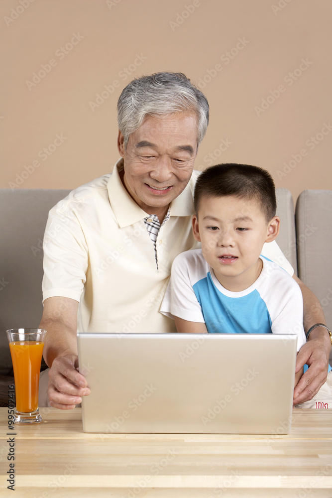 老人和小男孩一起使用电脑
