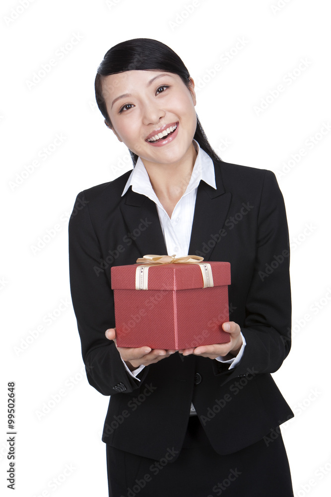 Happy Businesswoman Holding a Gift