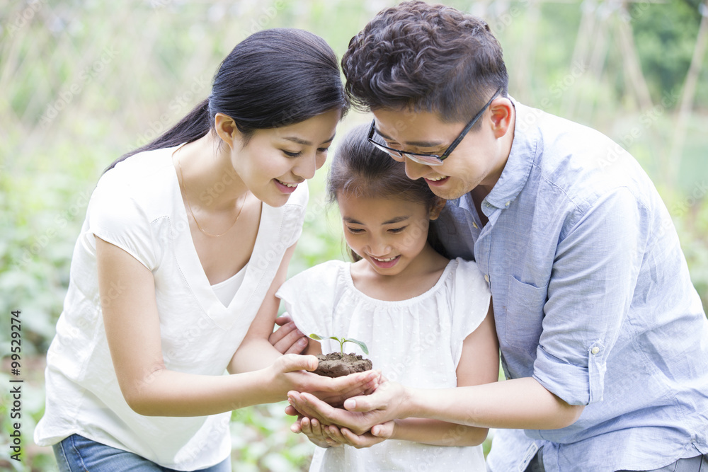 Young family holding a seedling together