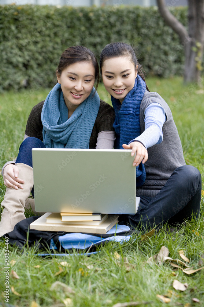 两个朋友坐在外面的草地上看着笔记本电脑