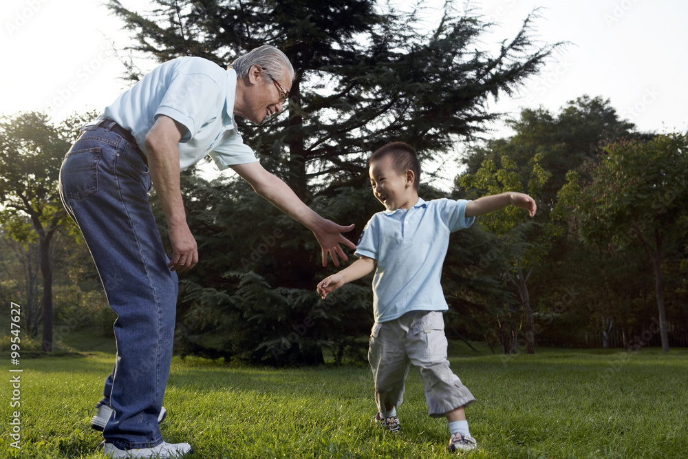 祖父和他的孙子在公园里一起玩耍