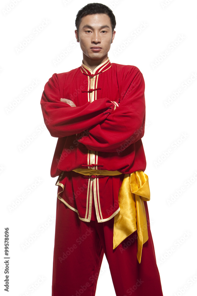 Focused Man Doing Martial Arts in Chinese Clothing