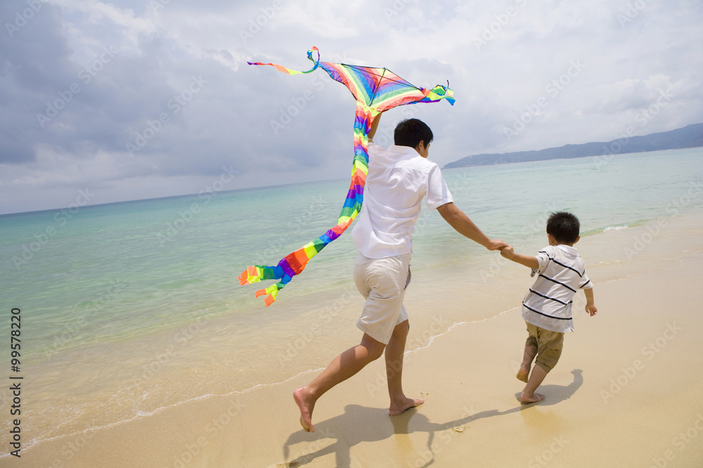 父亲和儿子在海滩放风筝