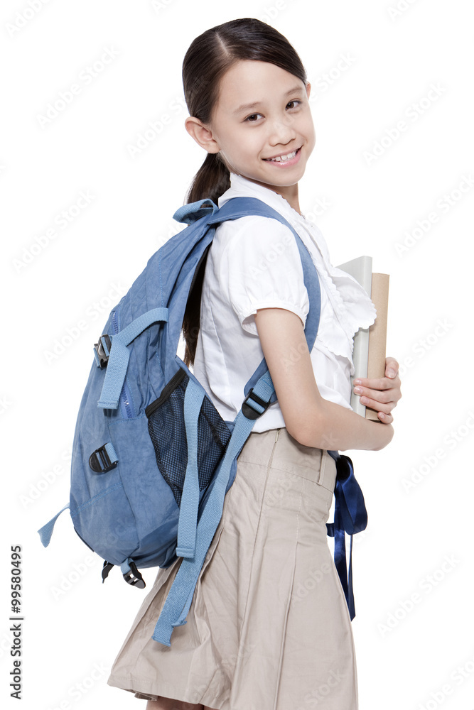 快乐的女学生，背着书和书包