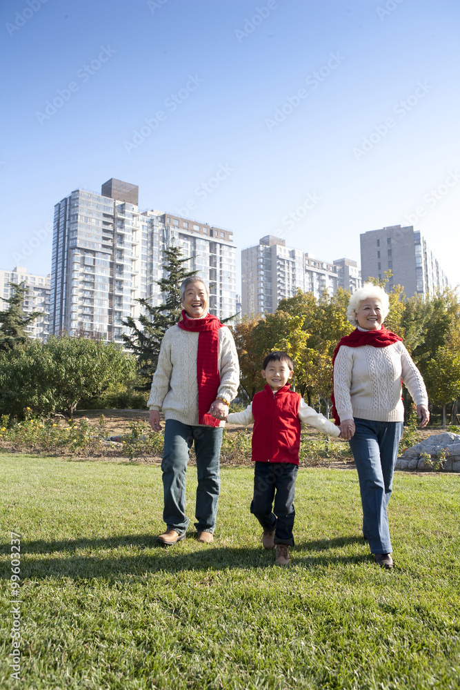 祖父母和孙子在秋天享受公园