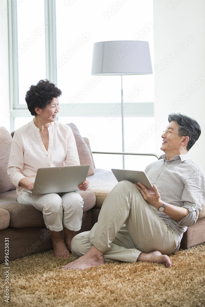 拥有笔记本电脑和数字平板电脑的幸福老年夫妇