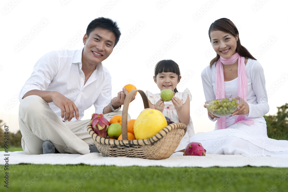 年轻的一家人正在享受野餐