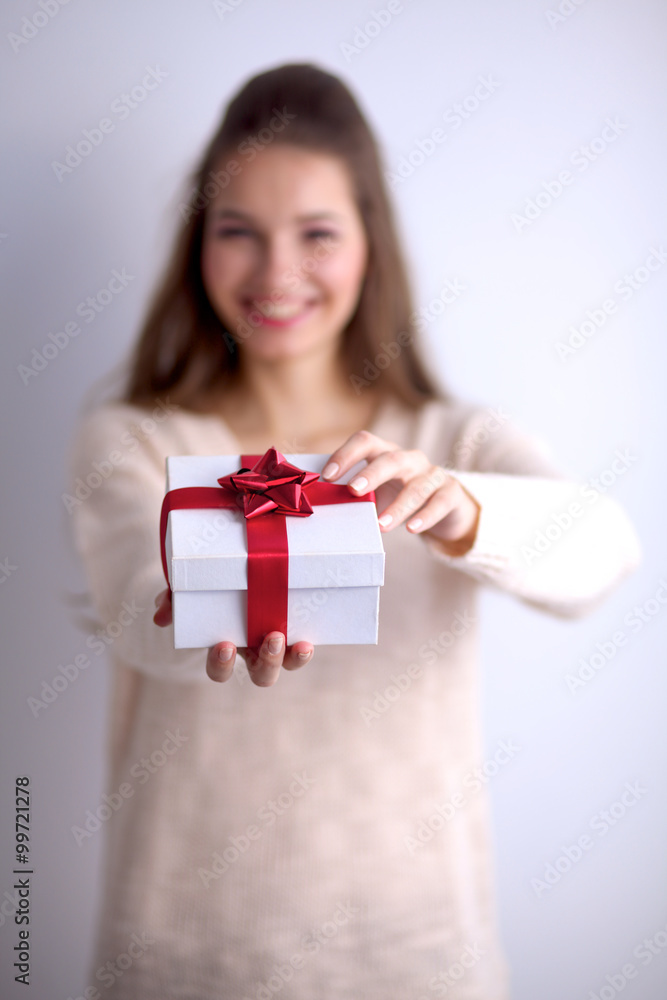 Young woman happy smile hold gift box in hands