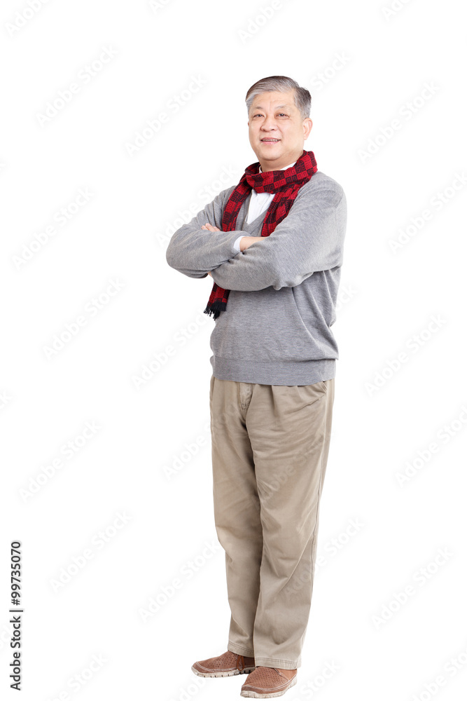 old standing Asian man in grey jumper and scarf
