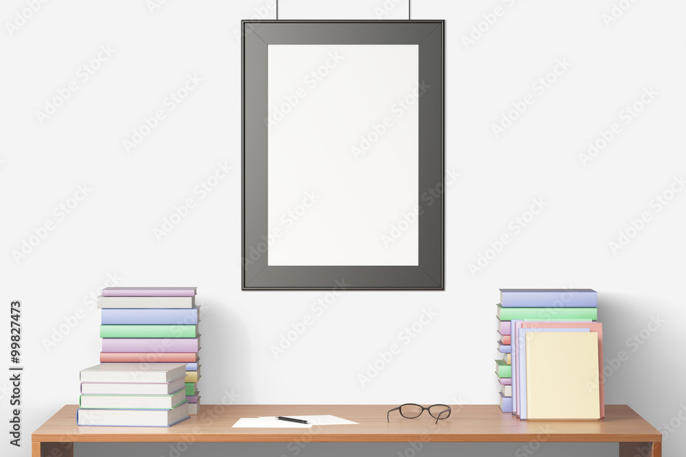 挂在木桌上的空白相框，上面有书，模拟u