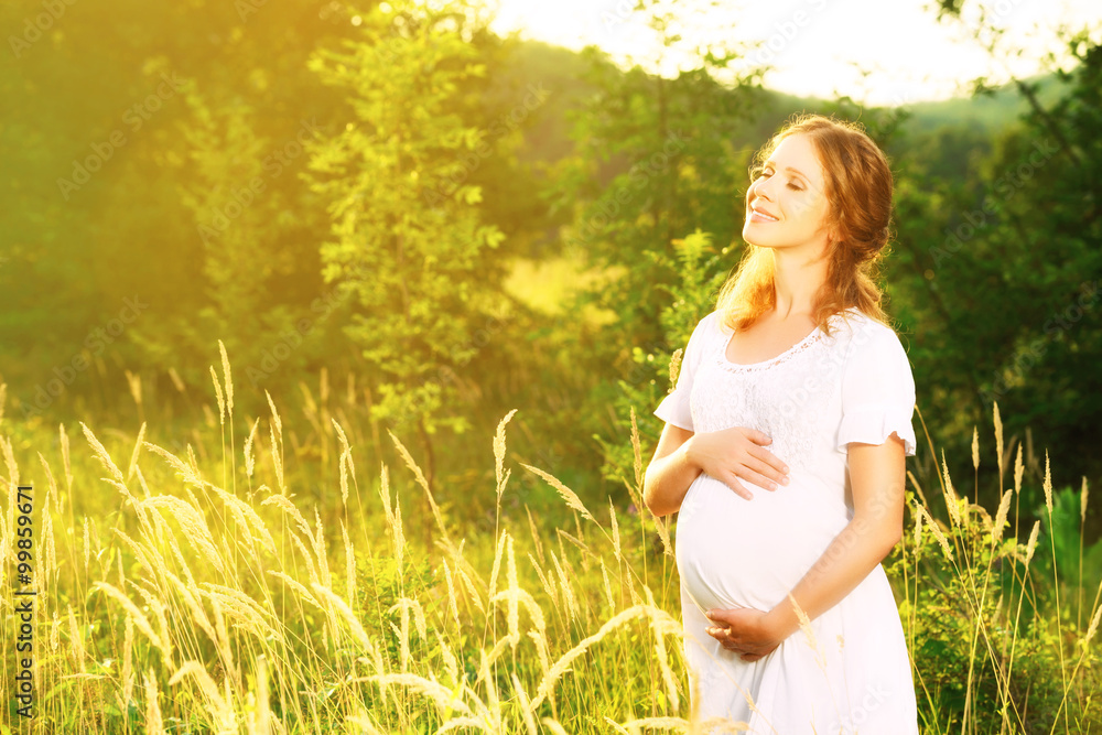 美丽的孕妇在夏日日落的自然草地上