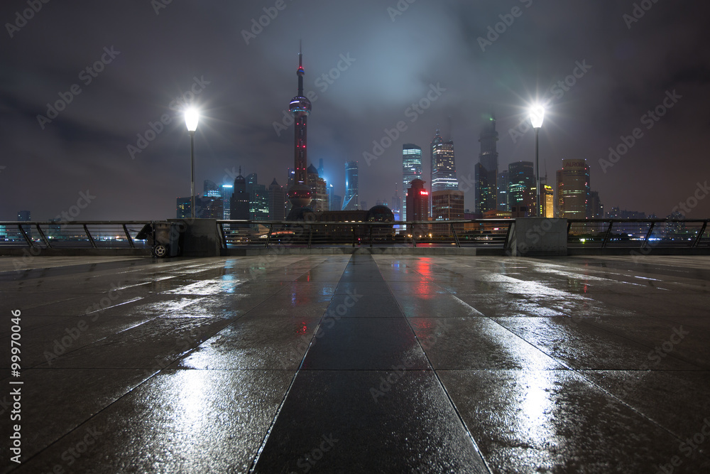 Shanghai skyline pudong rainy night