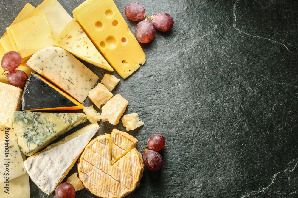 Various types of cheese with empty space background