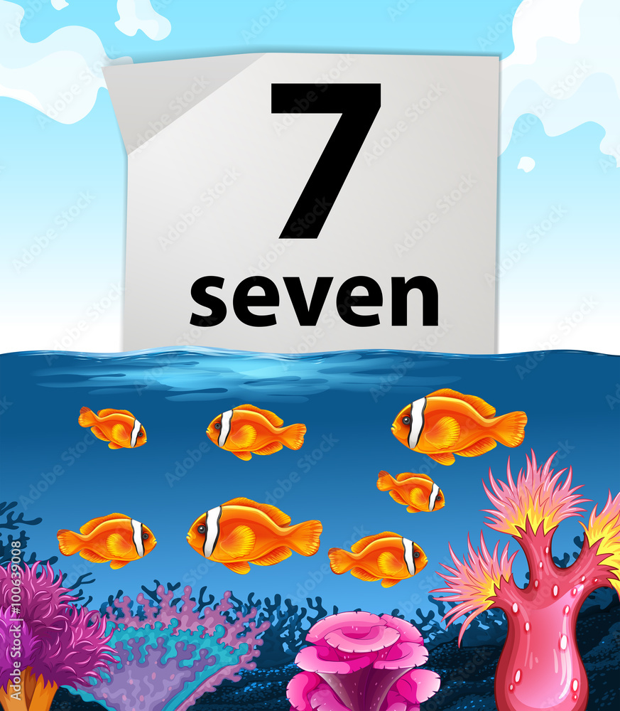Number seven with seven fish swimming in the sea