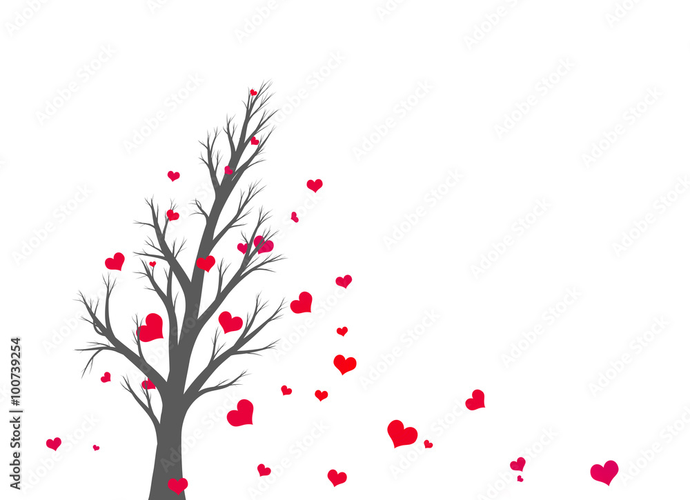 美丽的银色树木轮廓，风中有红色心形的叶子。情人节假期c